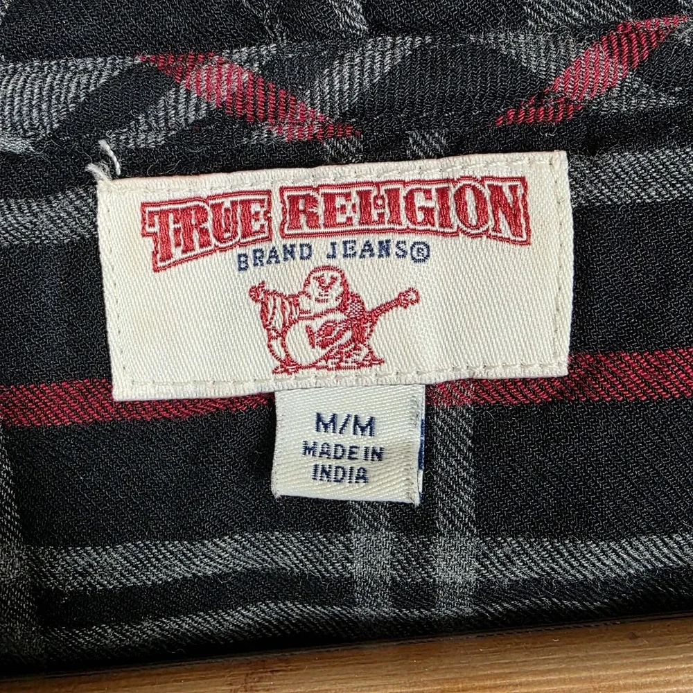 True Religion Shirt Mens SZ M Plaid Hooded Button Up Y2K Grunge SkaterLogo